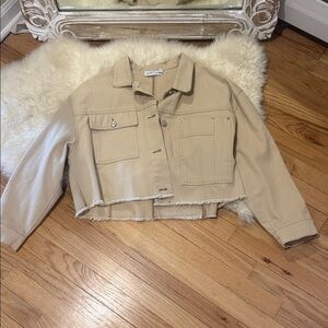 Petal & Pup Cropped Beige Jean Jacket with Frayed Hem